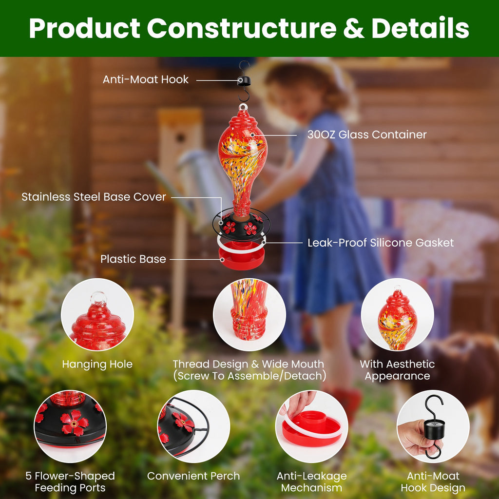 Hand-Blown Glass Hummingbird Feeder, 33 oz - image 10