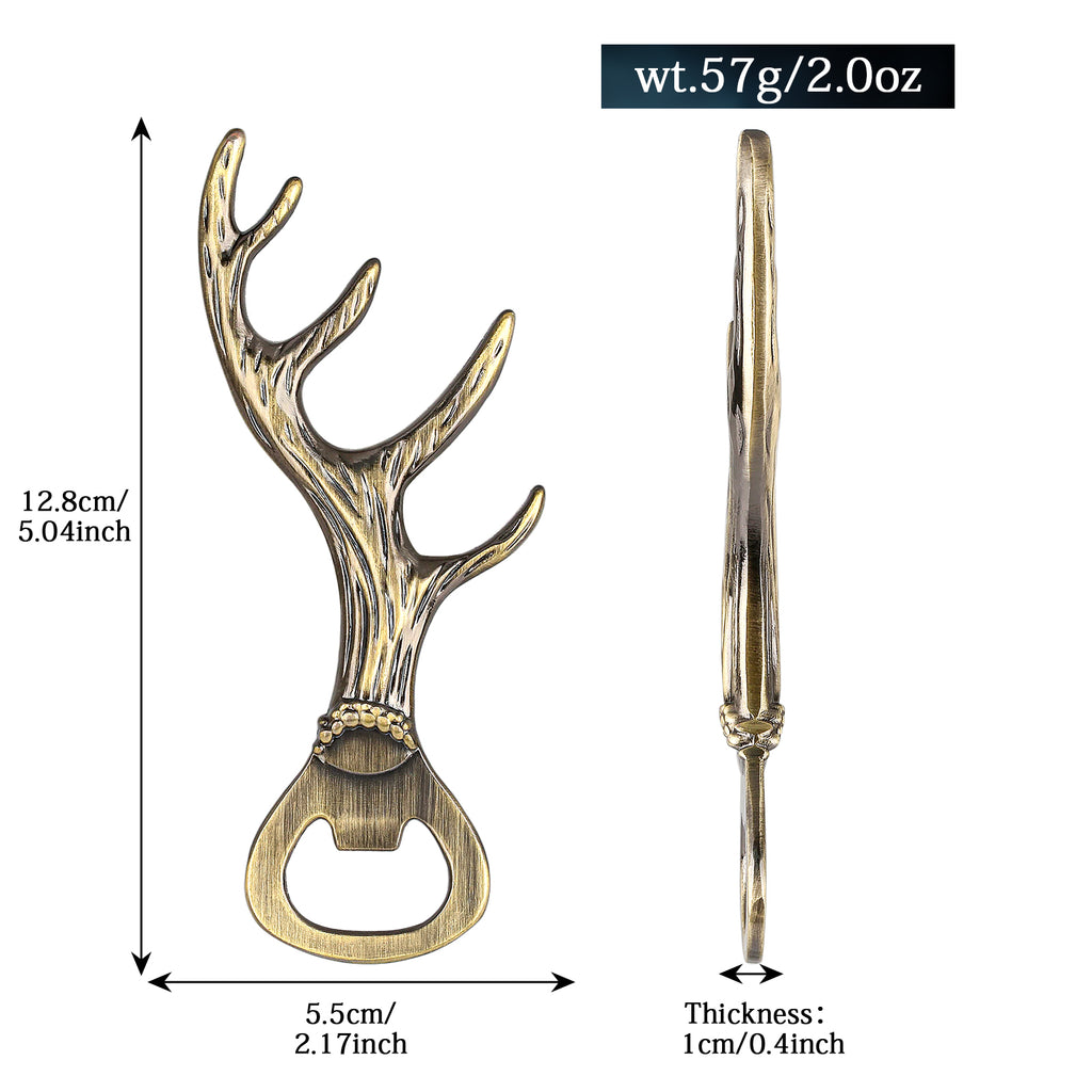 Bronze deer antler bottle opener with size and weight diagram