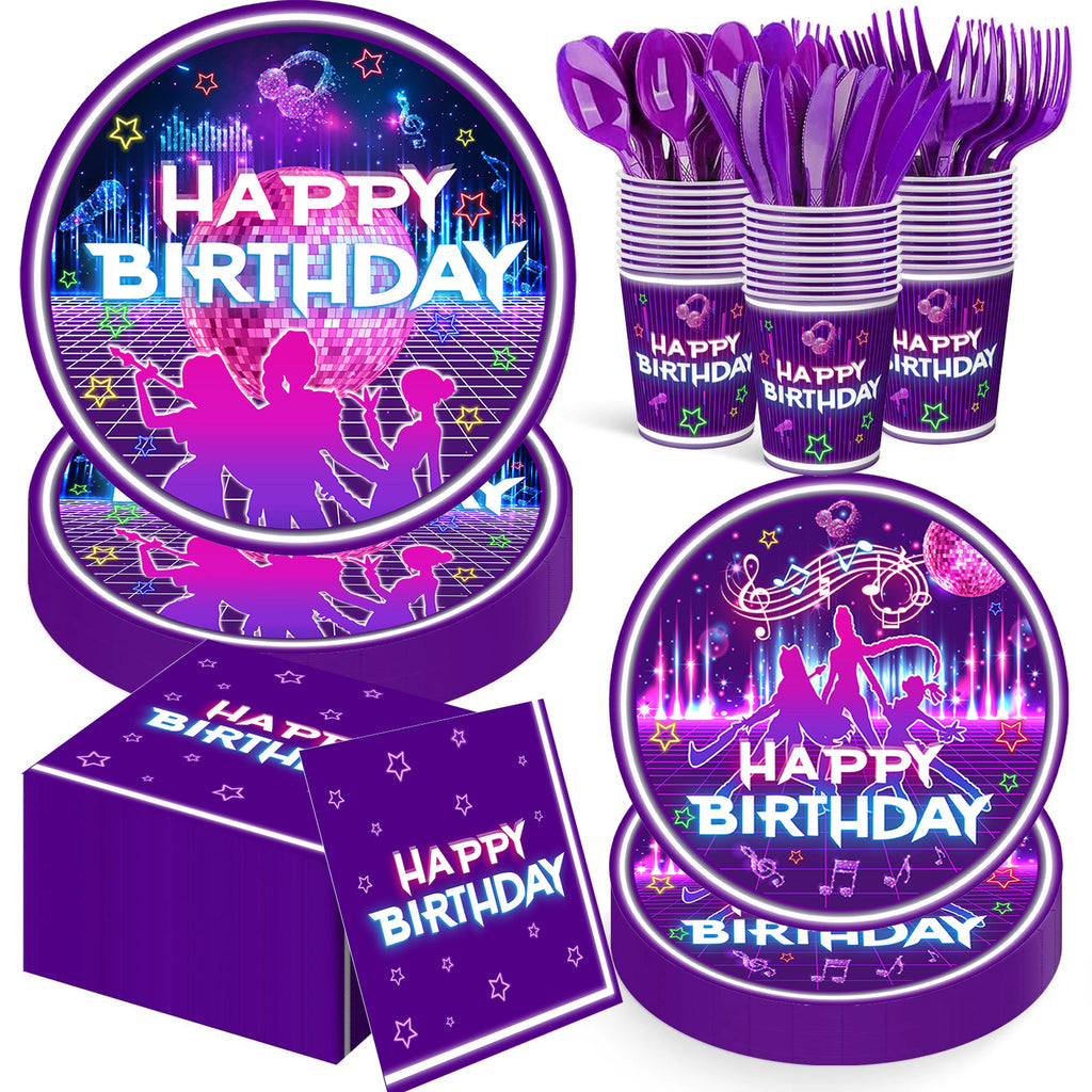 K-Pop Party Supplies 168 Pcs – Purple Neon Tableware, Serves 24 | ZHAS