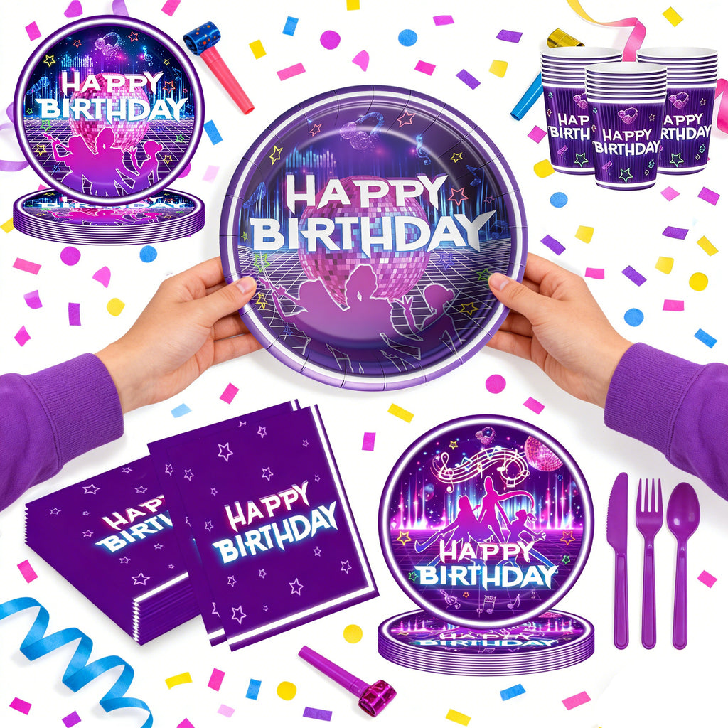 K-Pop Party Supplies 168 Pcs – Purple Neon Tableware, Serves 24 | ZHAS