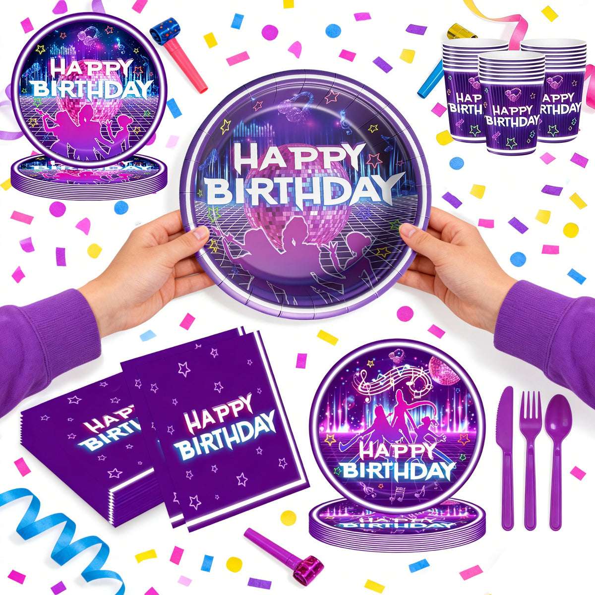 K-Pop Party Supplies 168 Pcs – Purple Neon Tableware, Serves 24 | ZHAS