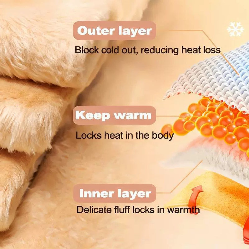 Two-layer construction diagram from the manufacturer: outer layer blocks cold, inner fluff layer locks in warmth
