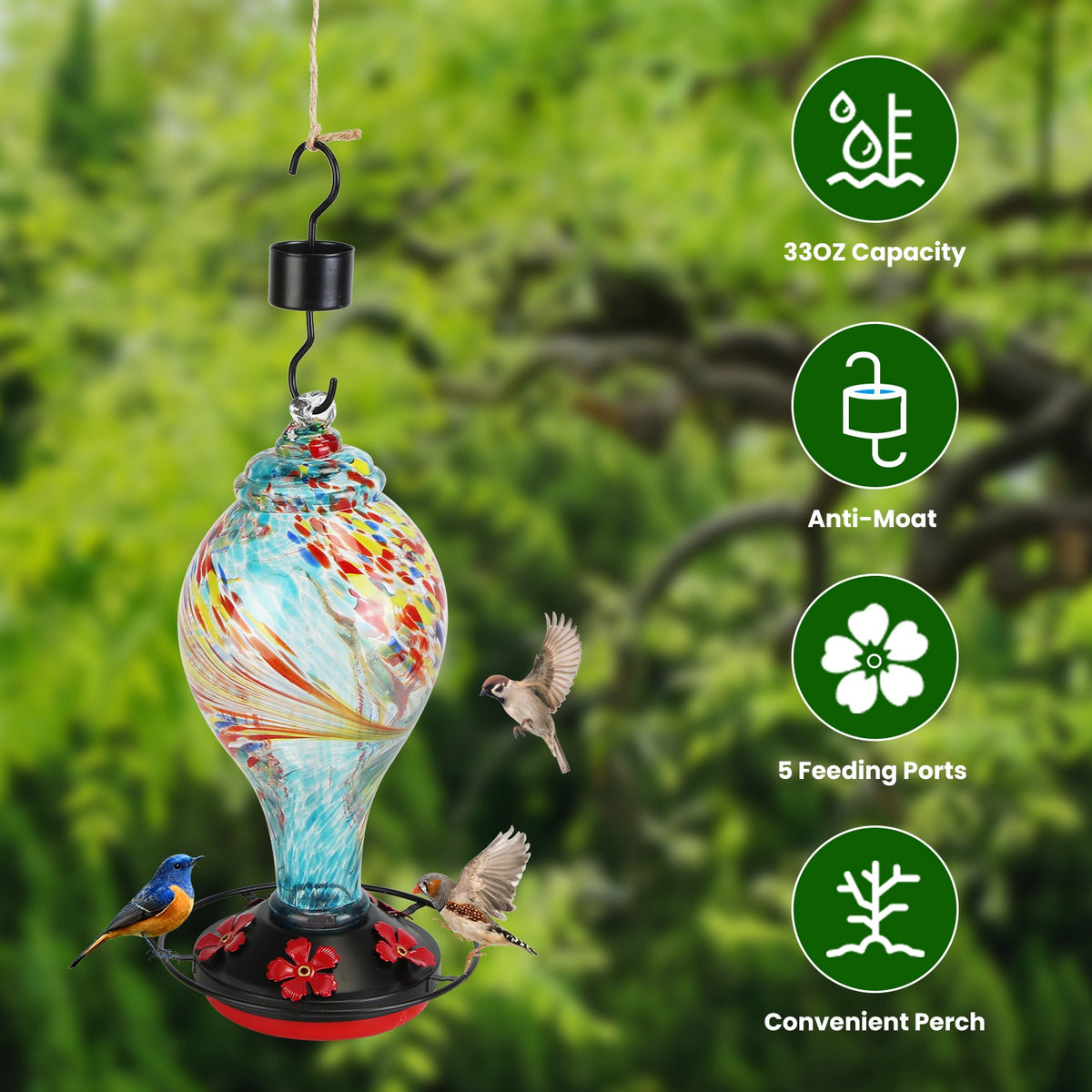 Hand-Blown Glass Hummingbird Feeder, 33 oz - image 2