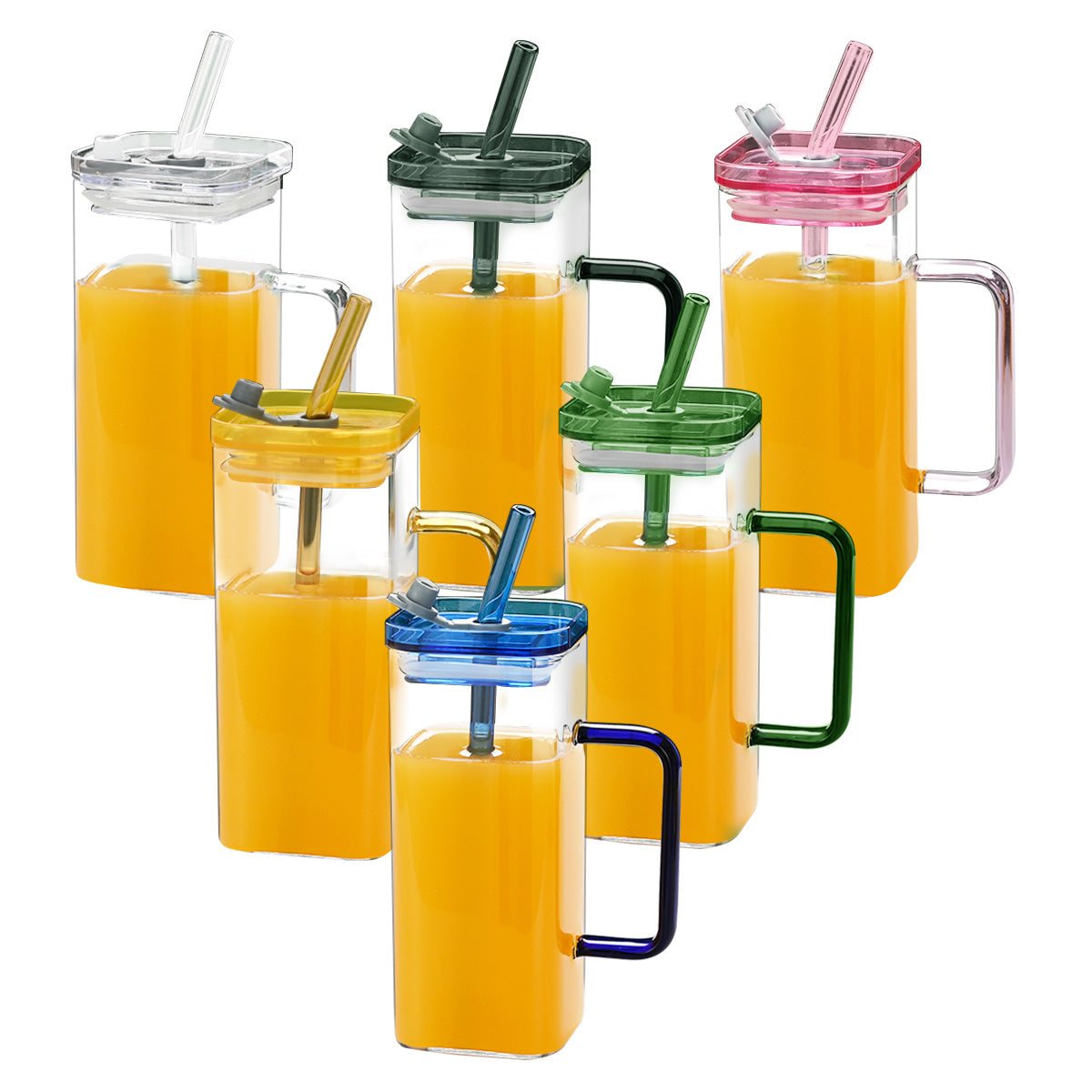 Square Glass Cups with Lids and Straws, Set of 6