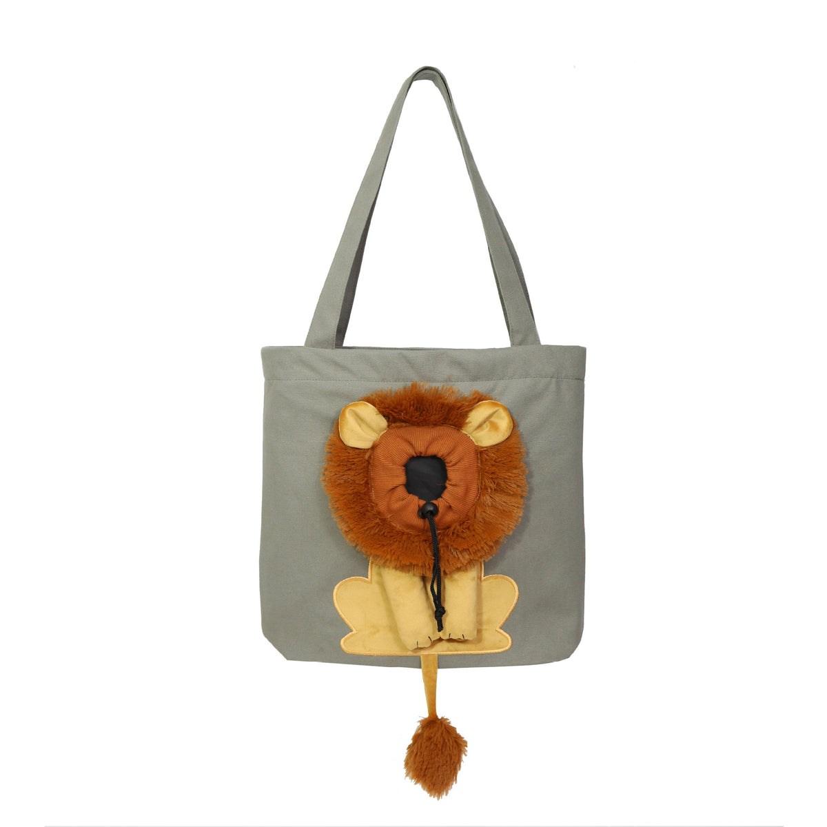 Dark grey lion design pet carrier tote bag, front view
