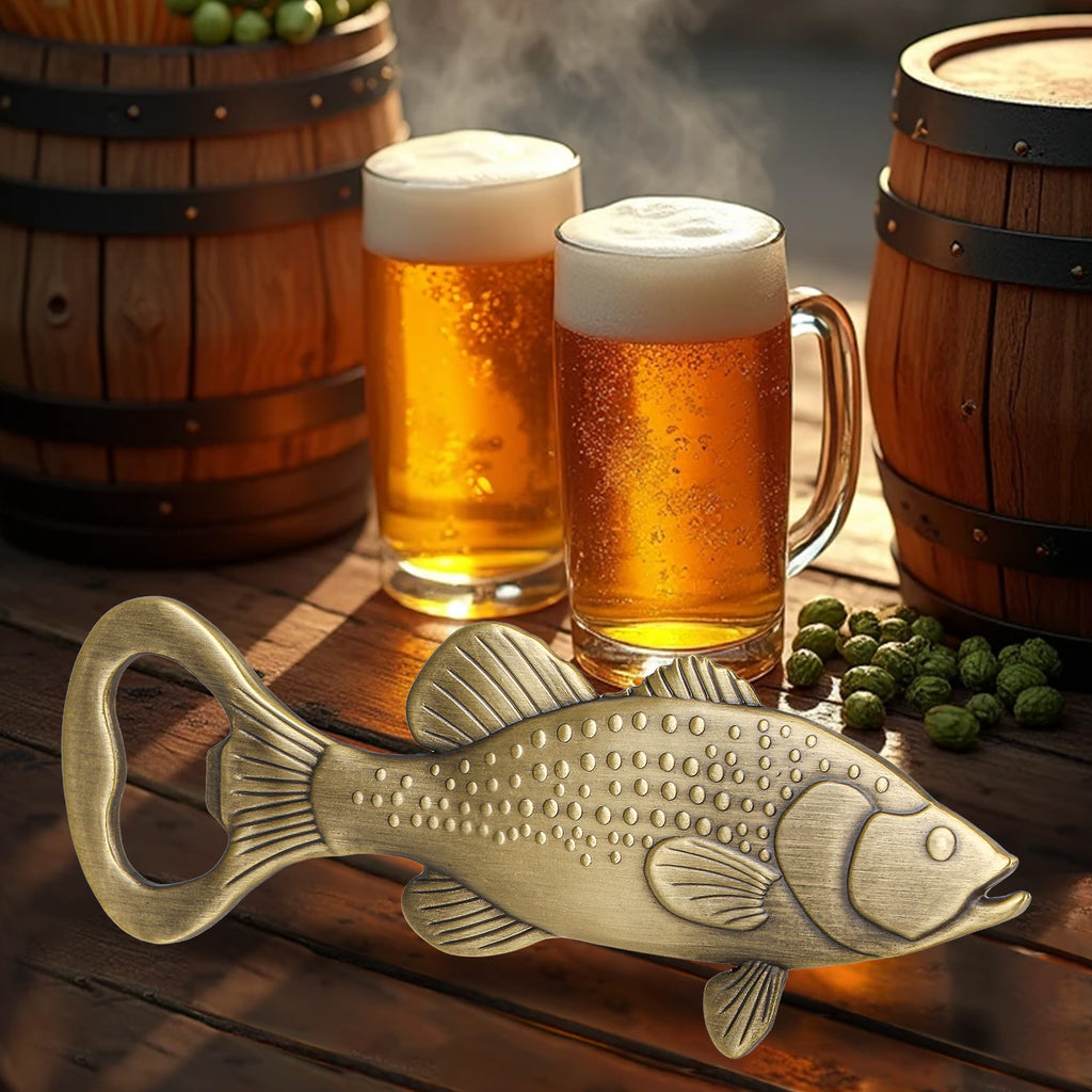 Bronze bass fish bottle opener beside two beer mugs and wooden barrels
