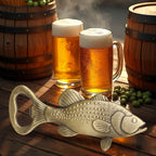Bronze bass fish bottle opener beside two beer mugs and wooden barrels