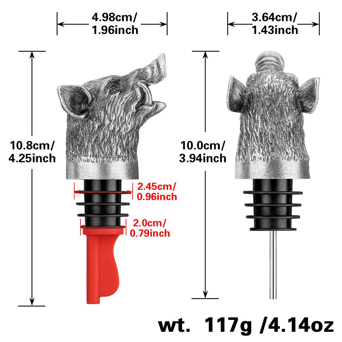 Dark Silver wild boar head wine pourer size diagram, 10.8 cm tall, 117 g