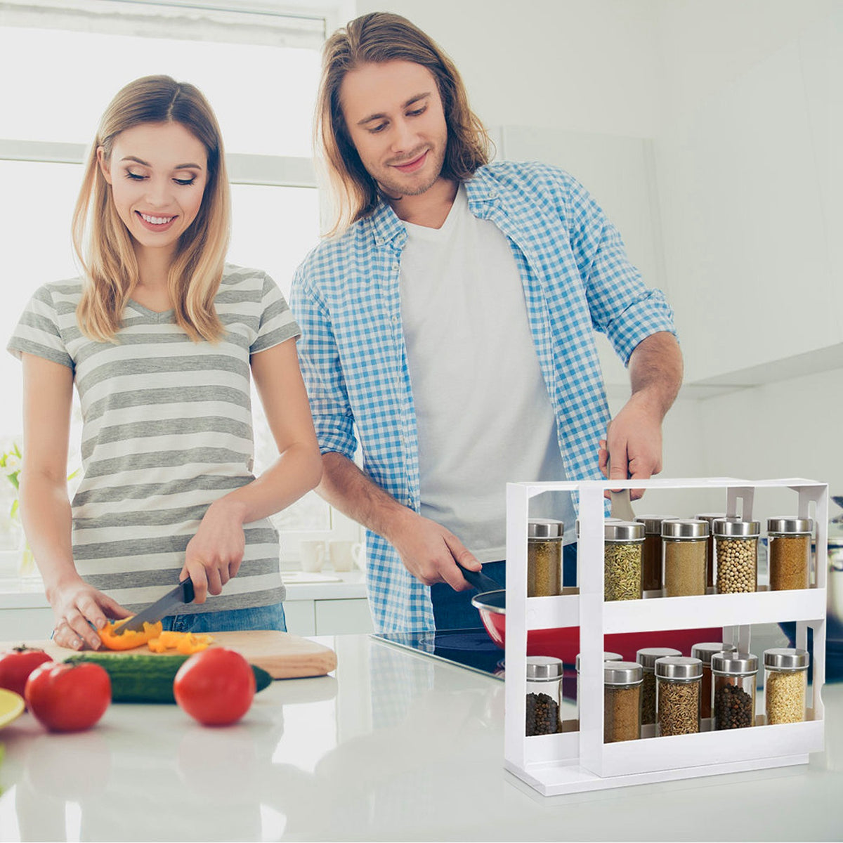 2-Tier Pull-Out Swivel Spice Rack, White - image 1