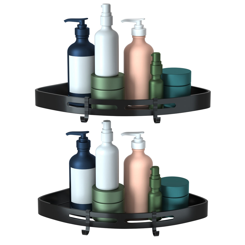 Black aluminum corner shower caddy set holding bottles