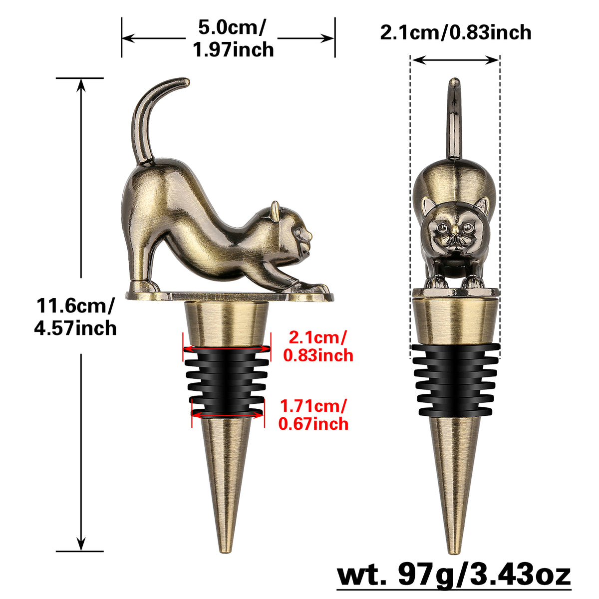 Stretching cat wine stopper size diagram in Bronze, 4.57 in tall, 97 g