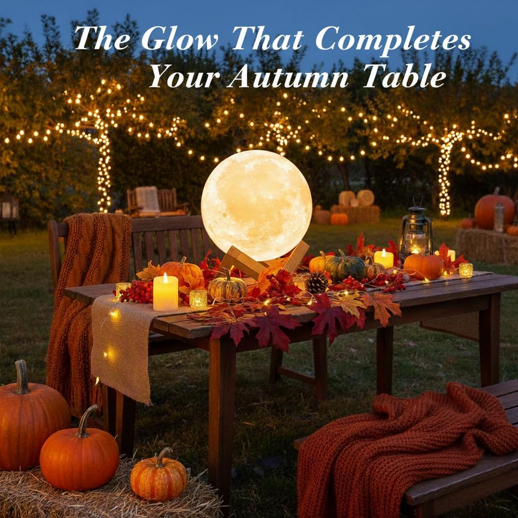 Moon lamp used as a decorative table light at an autumn dinner table