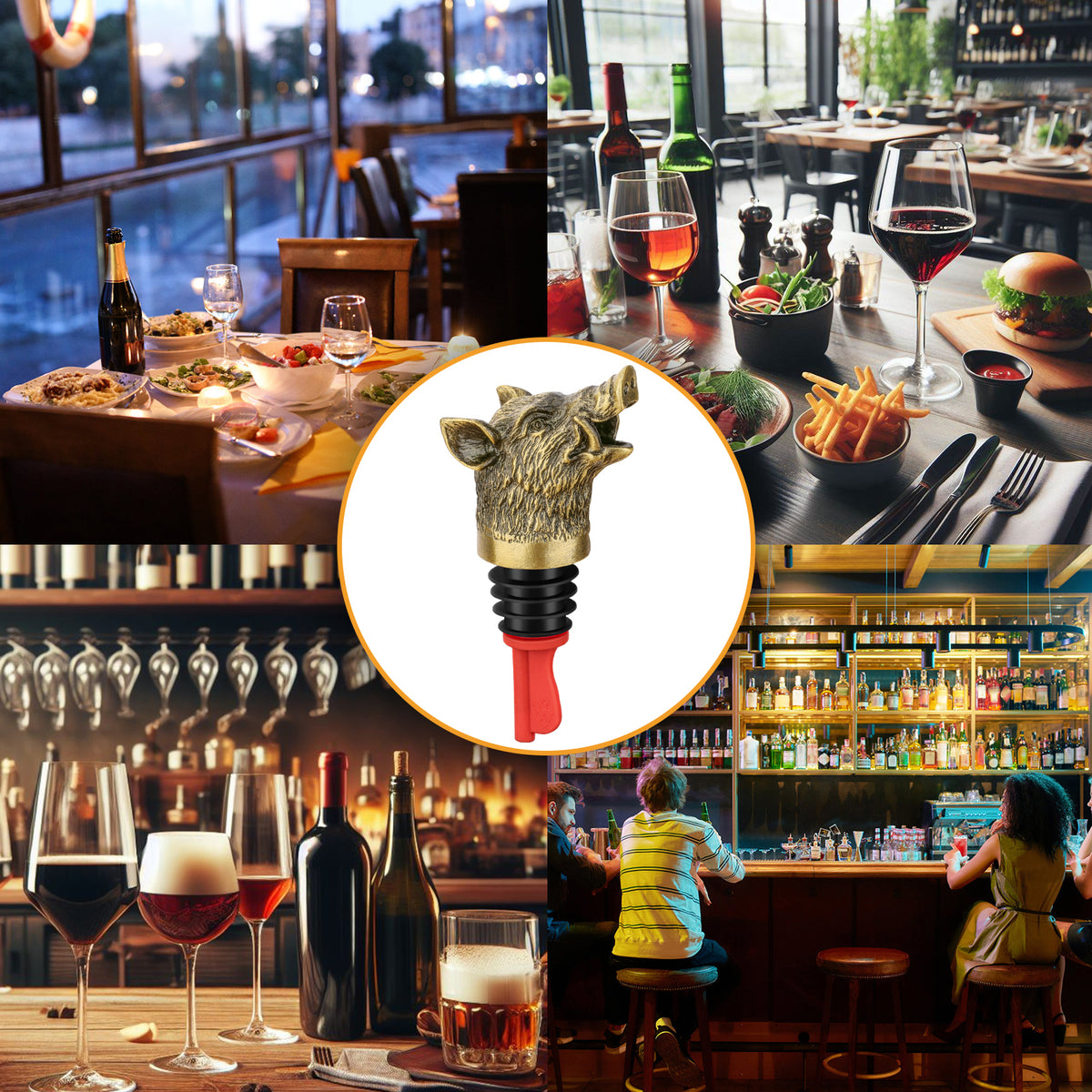 Bronze wild boar head wine pourer shown in bar and restaurant scenes