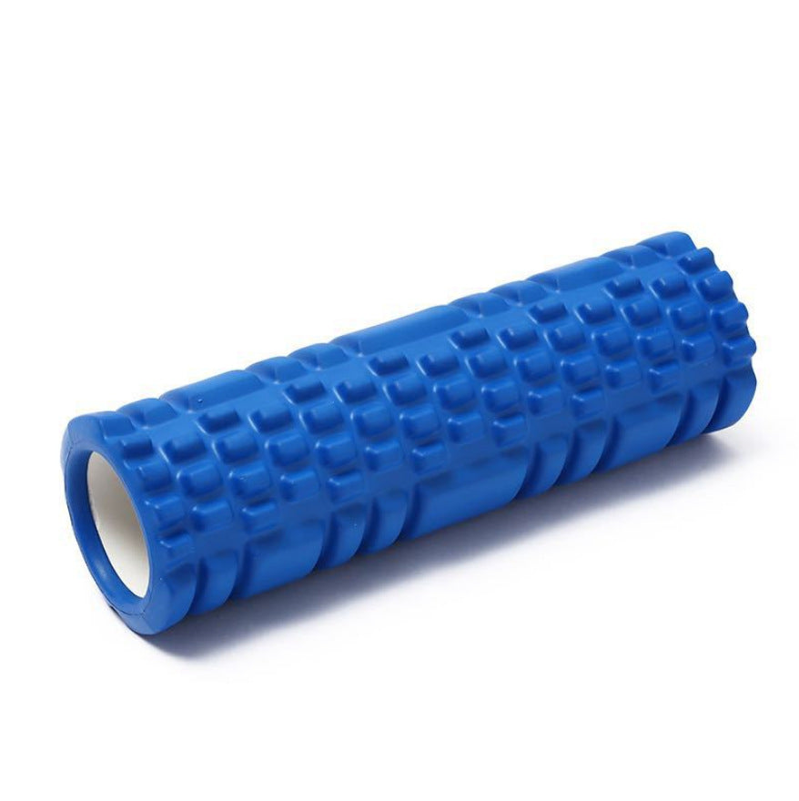 Blue foam roller close-up showing the raised grid texture