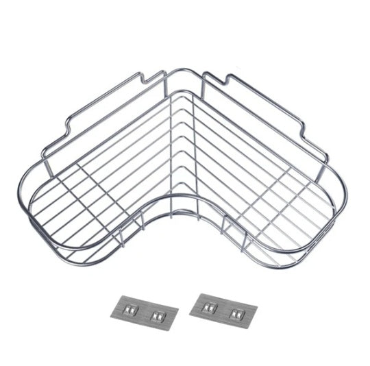 Silver wire corner shower caddy shelf with two adhesive mounting pads