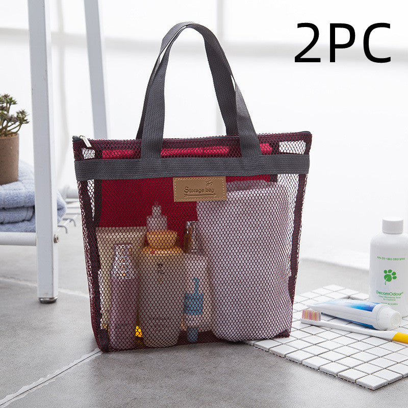 Wine red mesh tote bag with toiletries, 2-pack option
