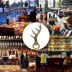 Bronze deer antler bottle opener shown in bar and restaurant scenes