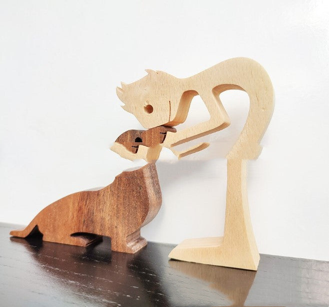 Wooden person and dog figurine, Style 3: person with a dachshund-type dog