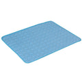Blue quilted pet sleeping mat with a circle pattern