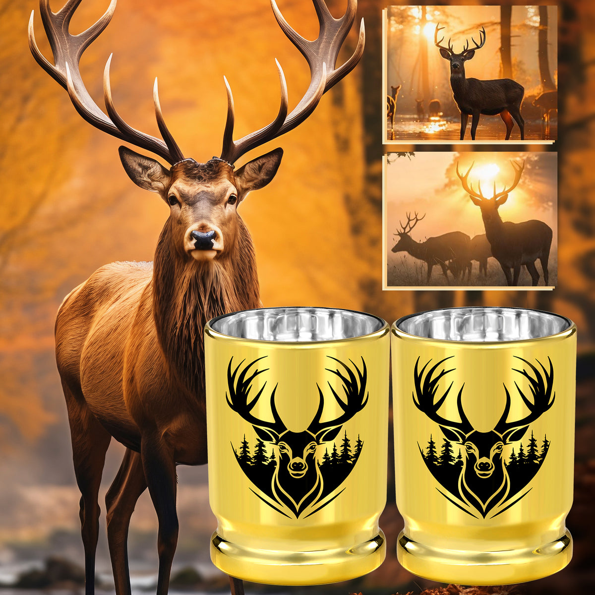 Two gold deer head shot glasses beside a deer in a forest