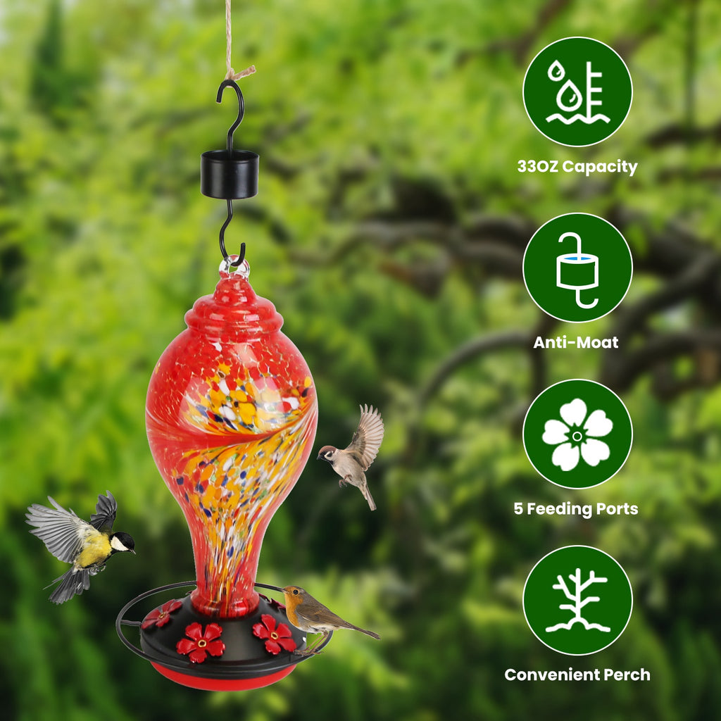 Hand-Blown Glass Hummingbird Feeder, 33 oz - image 1