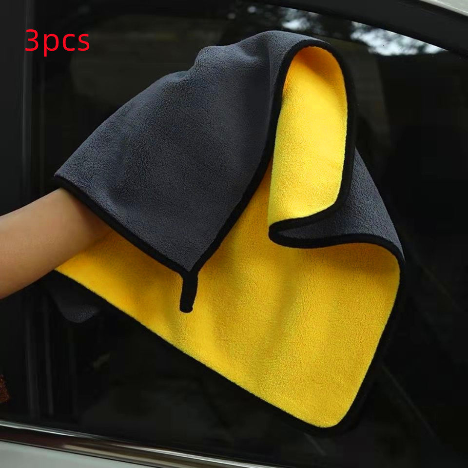 Yellow and grey cleaning towel wiping a car window, image labelled 3 pcs