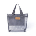 Grey mesh tote bag with handles on a white background