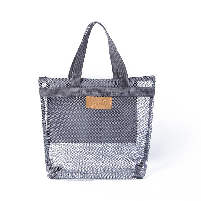 Grey mesh tote bag with handles on a white background