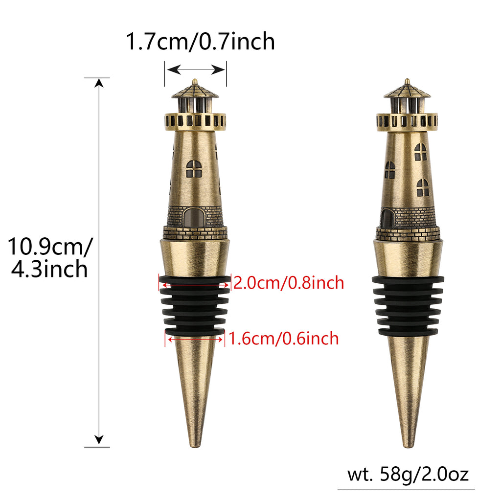 Bronze lighthouse wine stopper size diagram, 10.9 cm tall, 58 g