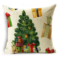 Square linen-look throw pillow cover printed with a decorated Christmas tree and wrapped gifts
