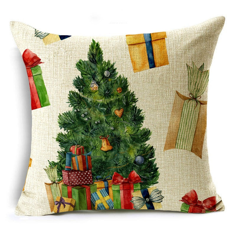 Square linen-look throw pillow cover printed with a decorated Christmas tree and wrapped gifts