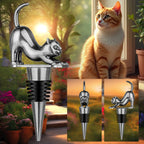 Dark Silver cat wine stopper beside a cat on a garden background