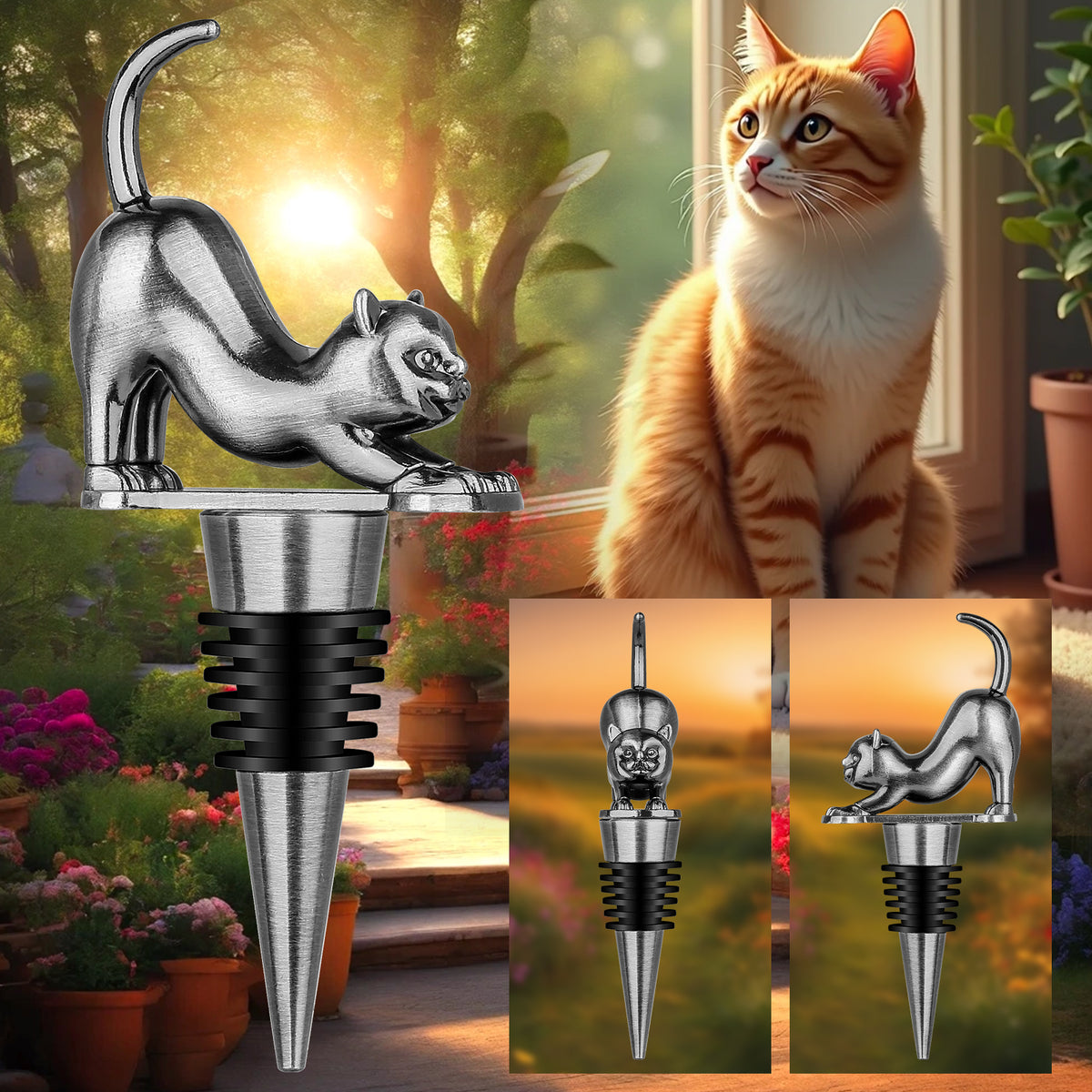 Dark Silver cat wine stopper beside a cat on a garden background