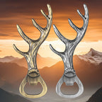 Bronze and Dark Silver deer antler bottle openers against a mountain sunset