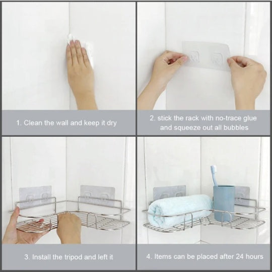 Four-step adhesive installation guide for the corner shower shelf