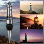 Dark Silver lighthouse wine stopper beside three lighthouse photos