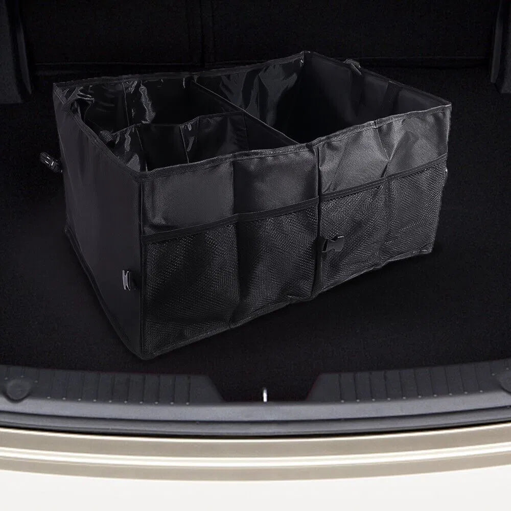 Black collapsible organizer sitting in the trunk of a car