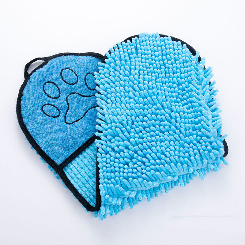 Blue chenille pet towel with paw-print pocket detail