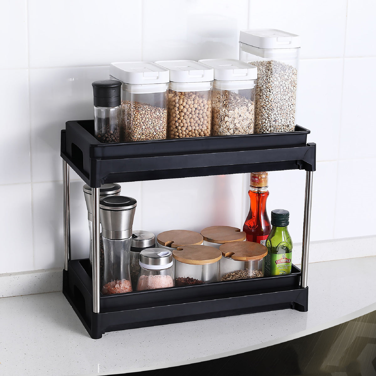 2-Tier Pull-Out Cabinet Organizer with Hooks