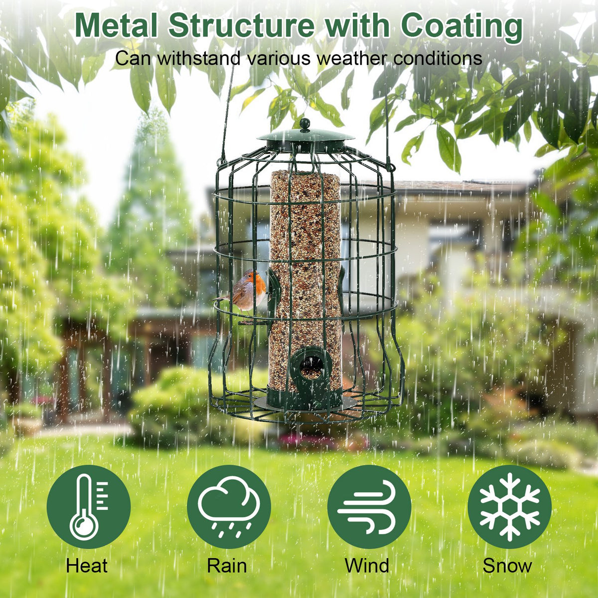 Metal Cage Bird Feeder with 4 Feeding Ports, Green - image 7