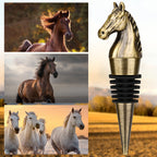 Bronze horse head wine stopper beside photos of horses
