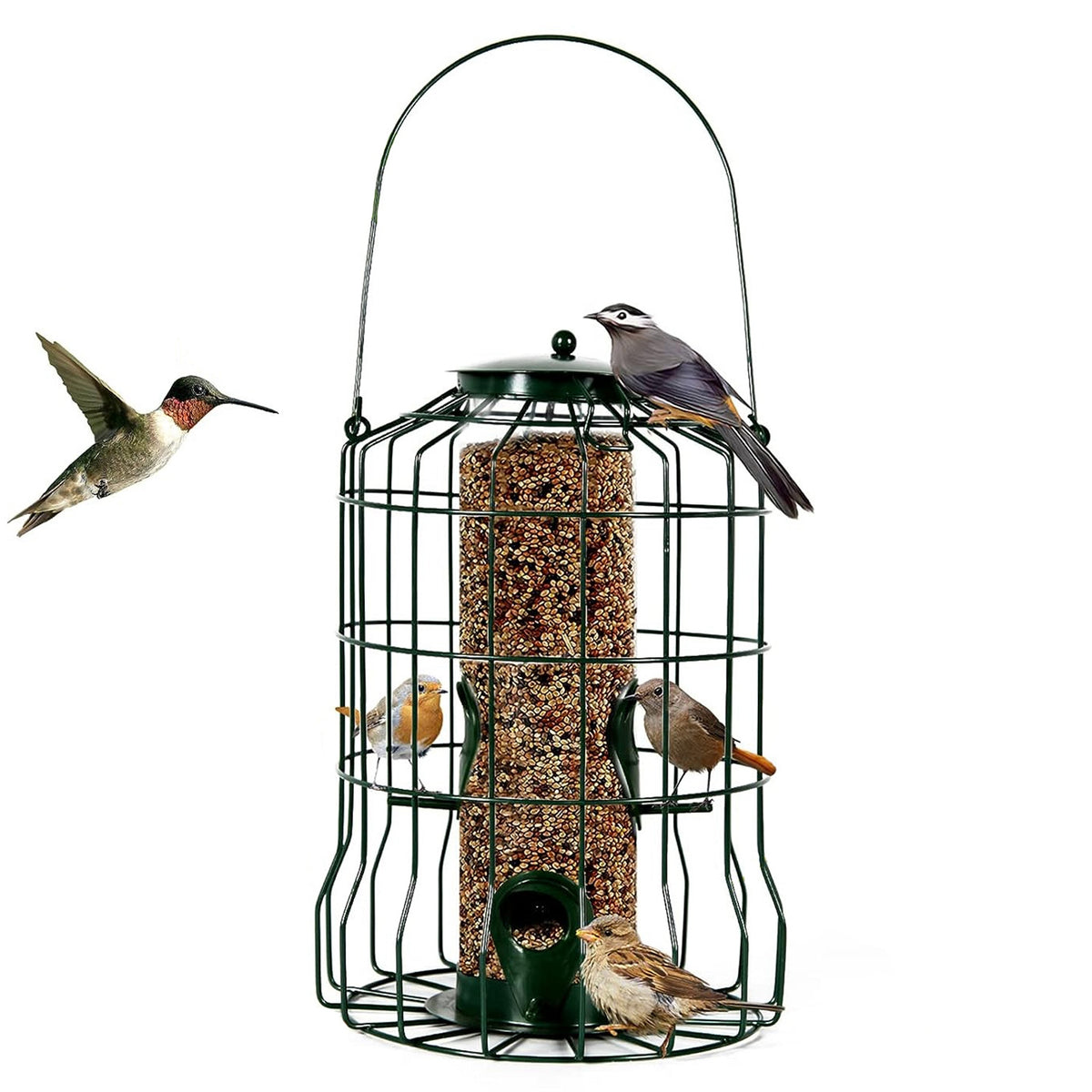 Metal Cage Bird Feeder with 4 Feeding Ports, Green - image 1