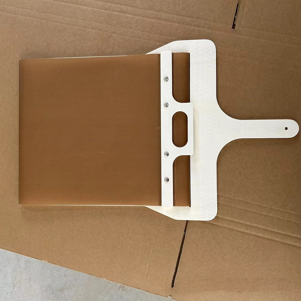 Top view of the sliding pizza peel showing the fabric belt, wooden bar and handle