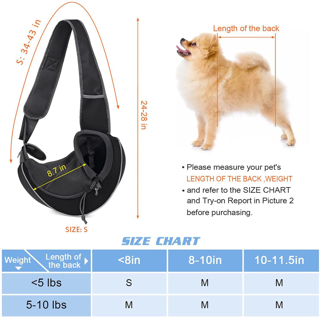 Pet sling carrier with measurement diagram and size chart