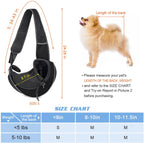 Pet sling carrier with measurement diagram and size chart