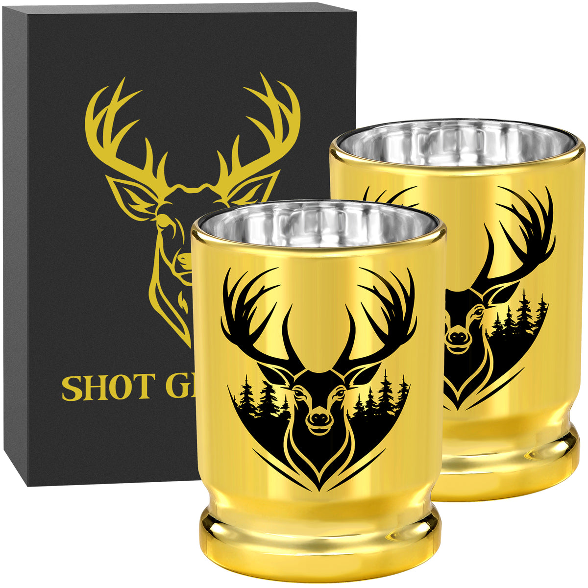 Two gold deer head shot glasses in front of a black gift box