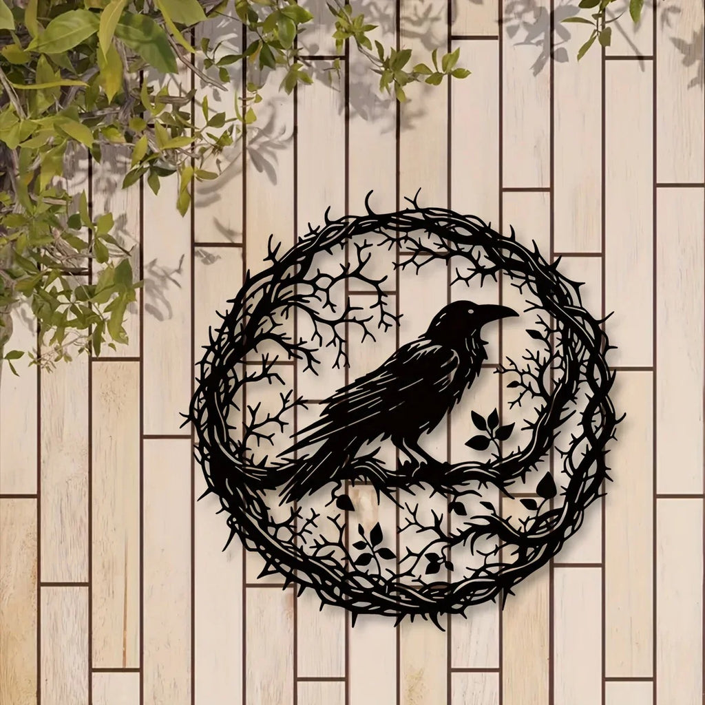 Raven wall art on wooden fence