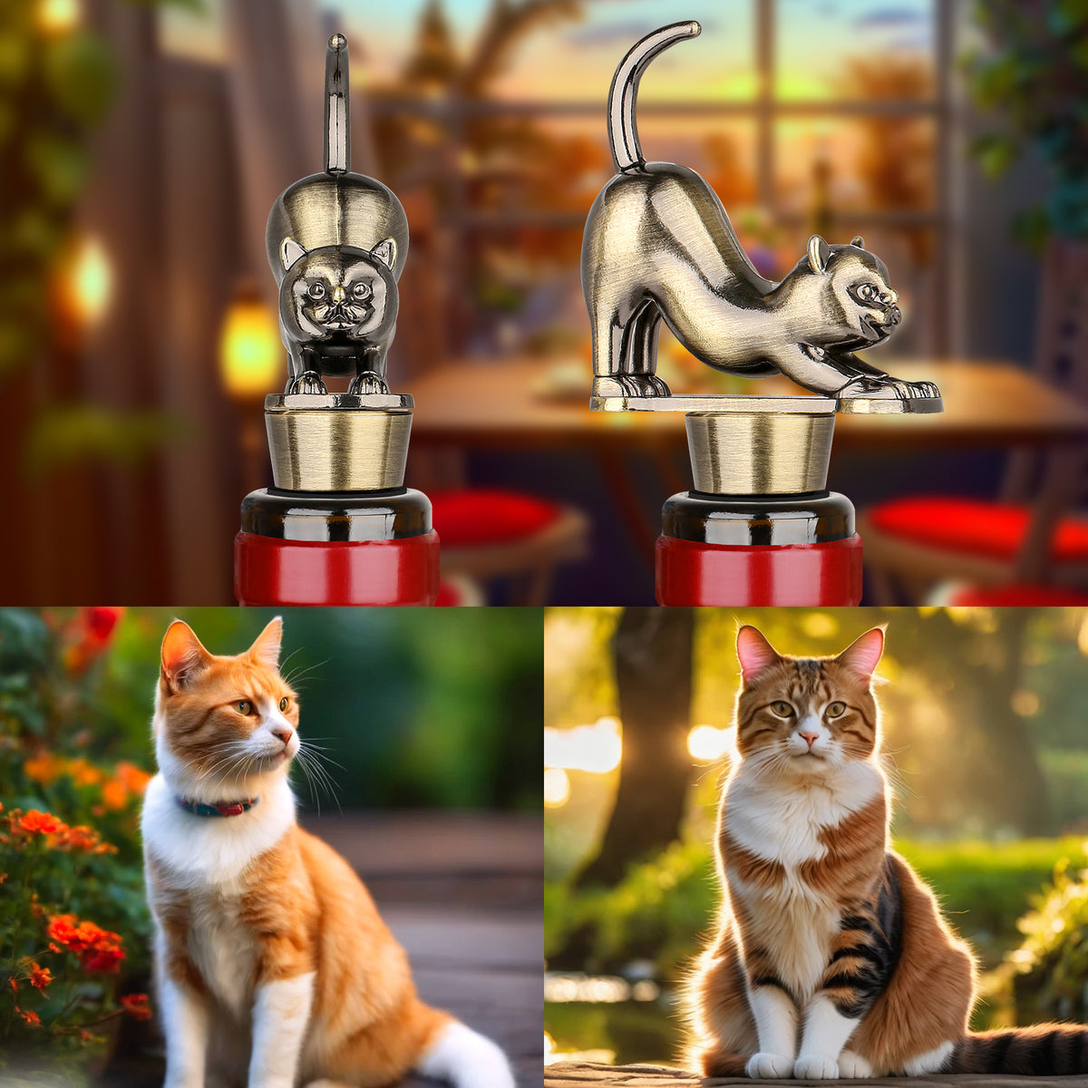 Bronze cat wine stoppers on bottles above two photos of cats