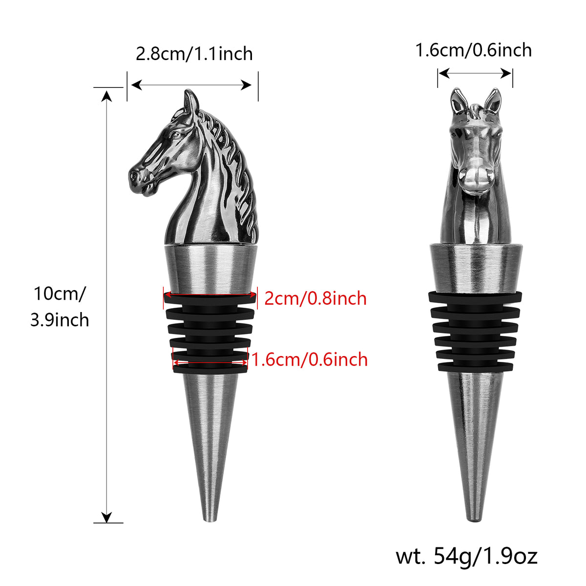 Dark Silver horse head wine stopper size diagram, 10 cm tall, 54 g