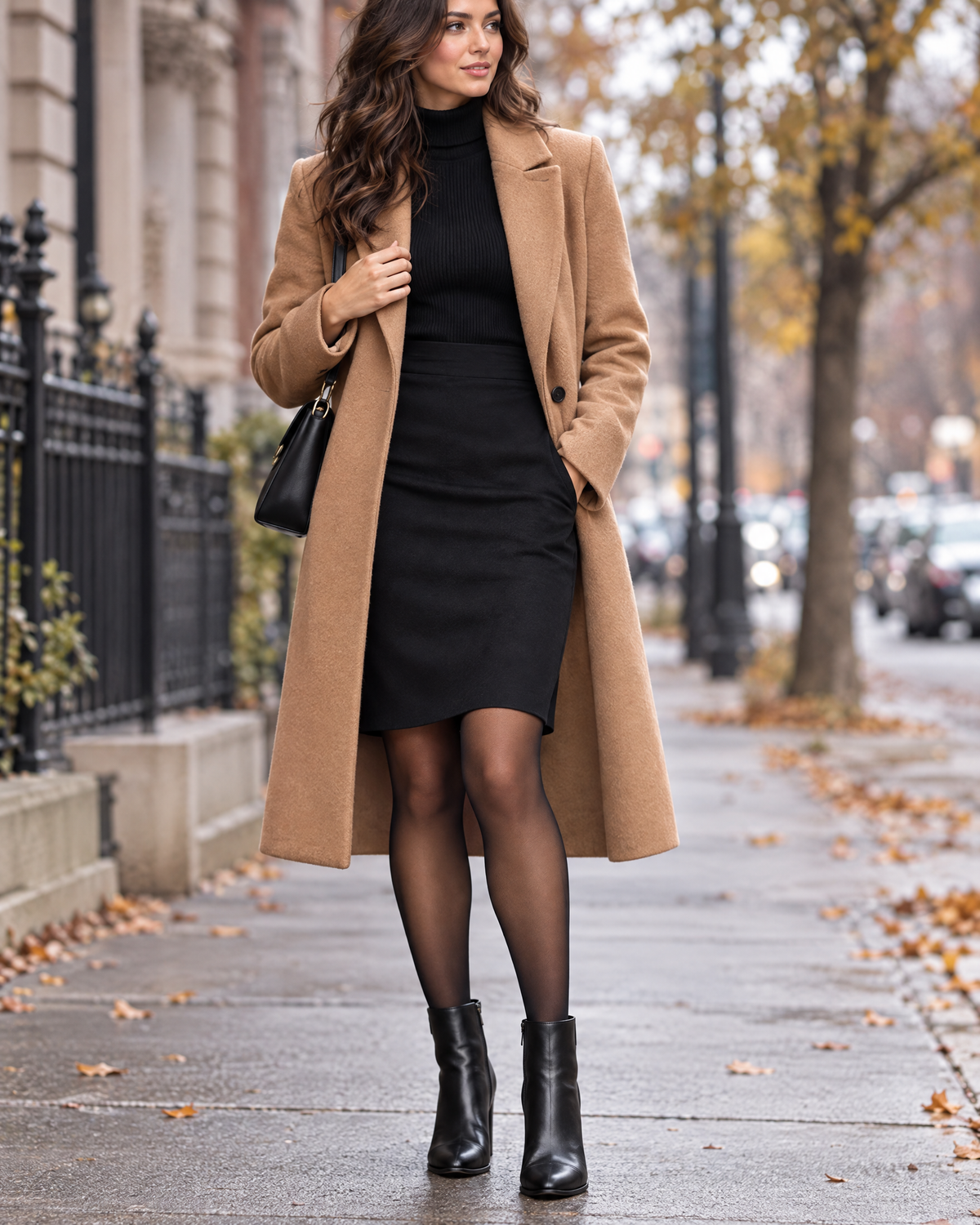 Black sheer-look thermal tights worn with a skirt, coat and ankle boots on a cold day (styled image)